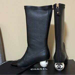 CHANEL Black Leather Boots with Logo Sphere Heel